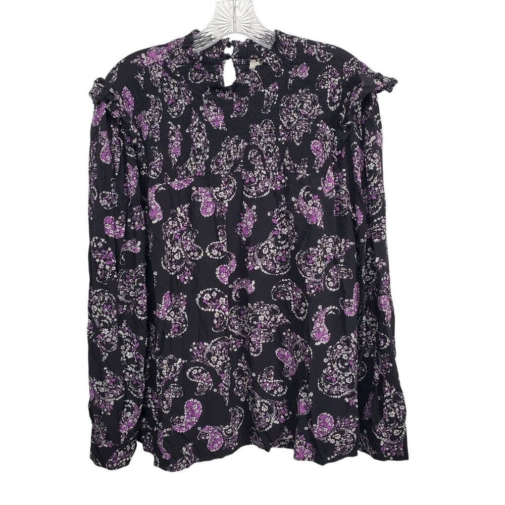 Ann Taylor LOFT L Blouse Smocked Paisley Boho Chic Lightweight Coquette Cottage - Picture 2 of 11